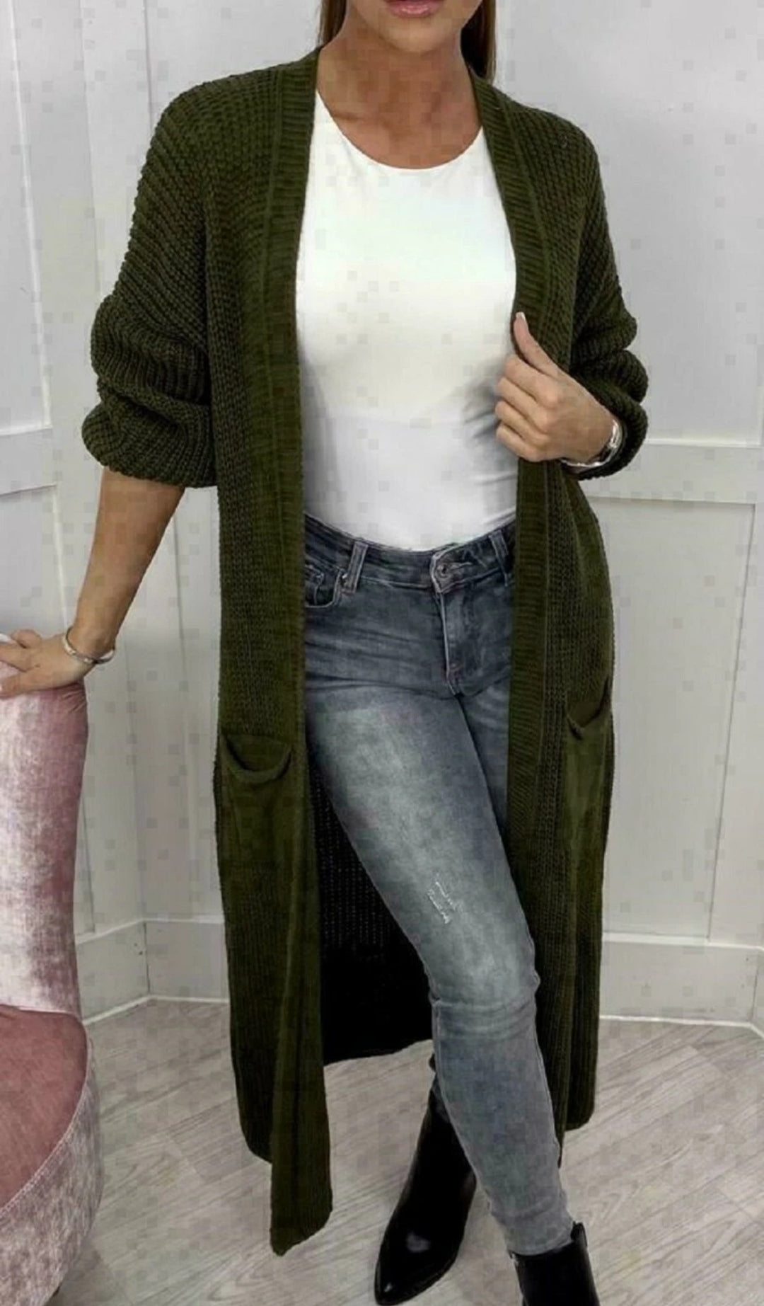 Damen Langer Strickcardigan mit strukturierter Maschenoptik und praktischen Taschen EB