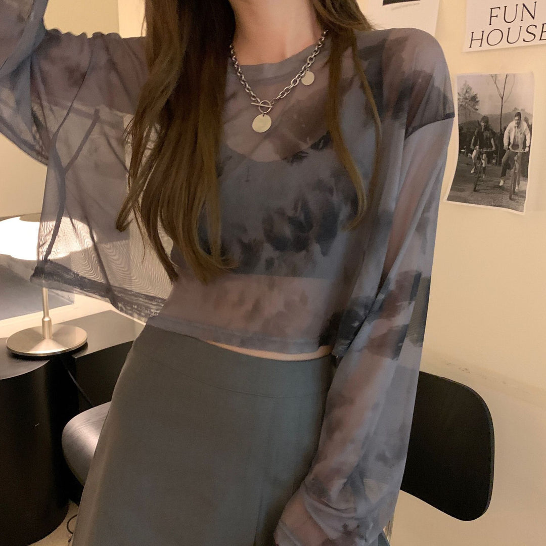Damen cropped Sweatshirt im modernen Batikdesign mit weiten Ärmeln und Rundhalsausschnitt EB