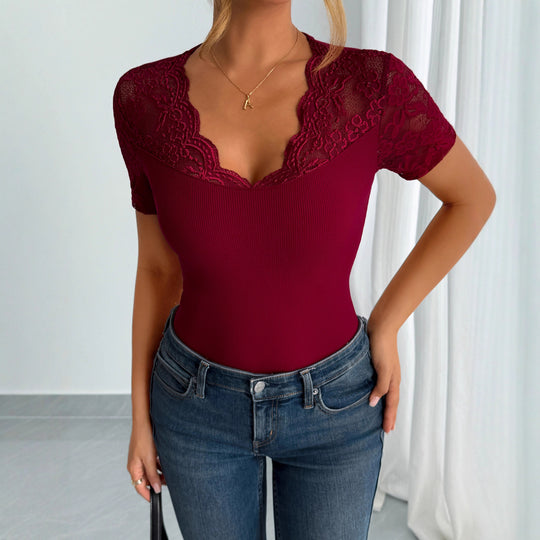 Damen nan figurbetontes Kurzarm-Top mit Spitzenbesatz und V-Ausschnitt EB