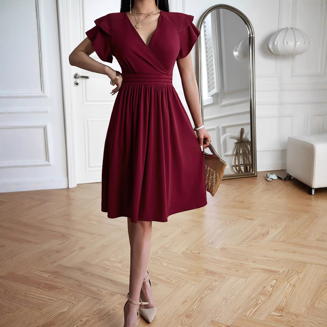 Damen Wickelkleid mit voluminösen Ärmeln und femininem V-Ausschnitt EB