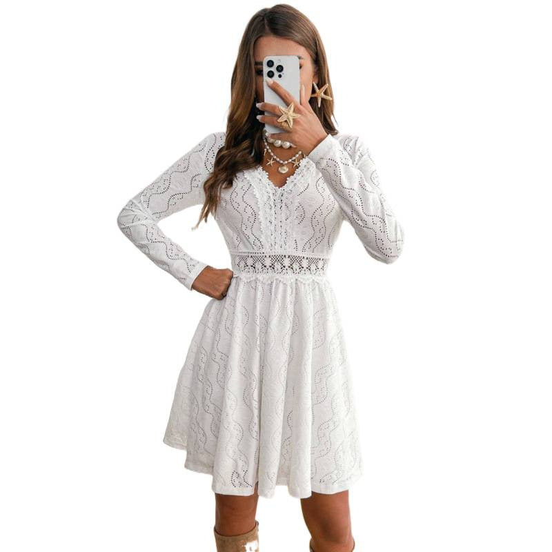 Damen Spitzenkleid mit raffiniertem V-Ausschnitt und eleganten langen Ärmeln EB