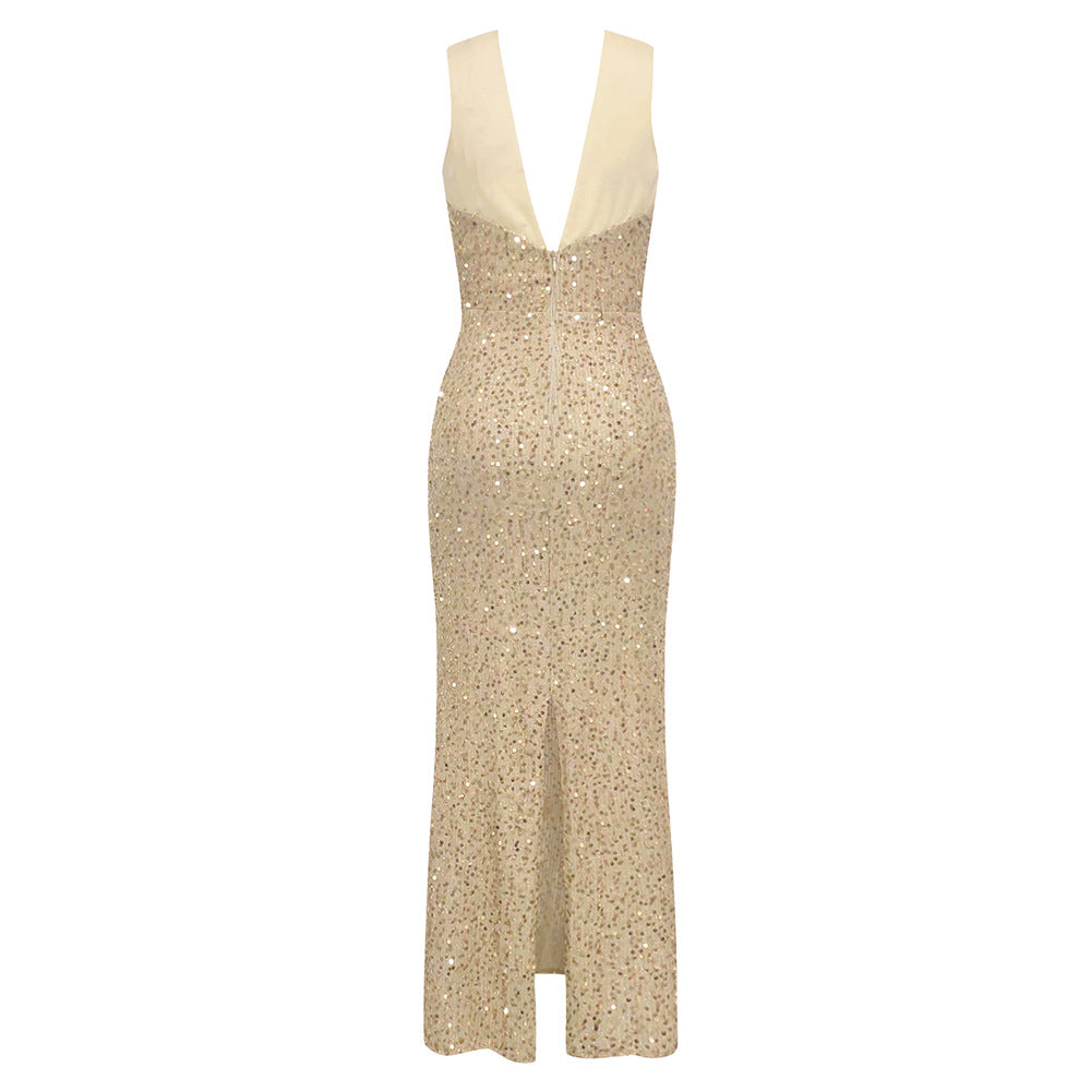 Damen Glamouröses Abendkleid mit funkelndem Paillettenoberteil und elegantem Rückenausschnitt EB