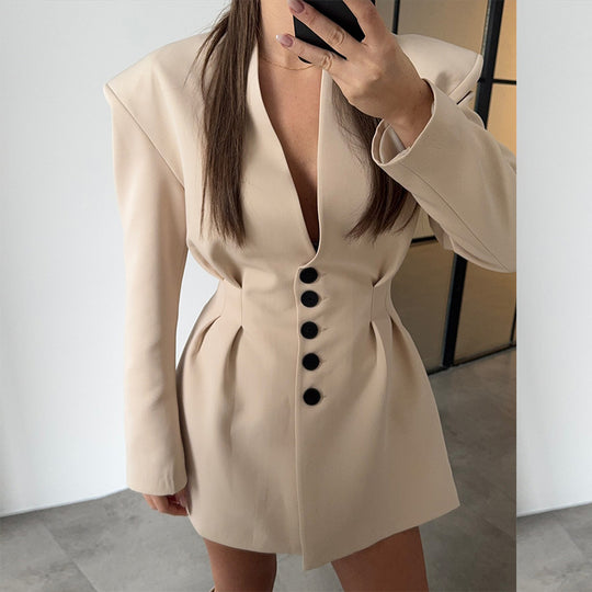 Damen trendiges Blazer-Kleid mit strukturierten Schultern und tiefem V-Ausschnitt EB