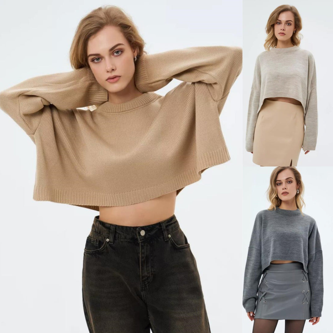 Damen Crop-Pullover im lässigen Oversized-Stil mit weiten Ärmeln und strukturiertem Design EB