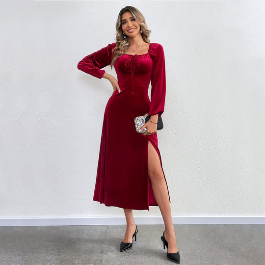 Damen elegantes Samt-Midikleid mit Binddetail am Bustier, taillierter Schnitt und seitlichem Oberschenkelschlitz Eichborn Berlin