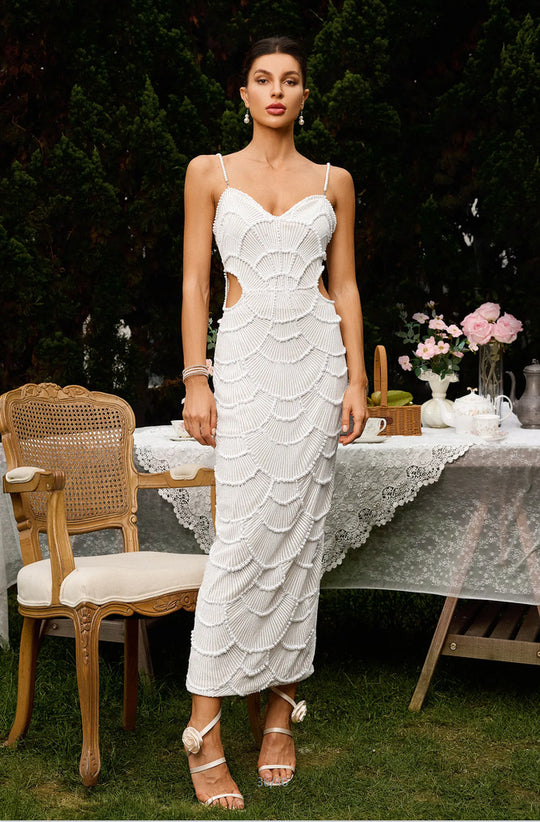 Damen Elegantes Midi-Kleid mit rückseitigen Cut-Outs und dekorativem Wellendesign EB