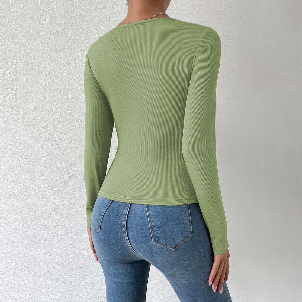 Damen geripptes Langarm-Top mit Keyhole-Detail, zierlichen Zierknöpfen und sculptender Stretch-Passform Eichborn Berlin