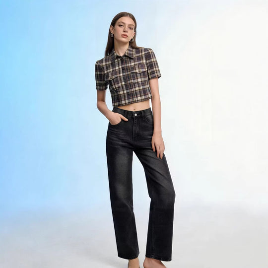 Damen nan hochgeschnittene Jeans mit schmaler Hüftpassform und weitem Schlag im Retro-Stil EB