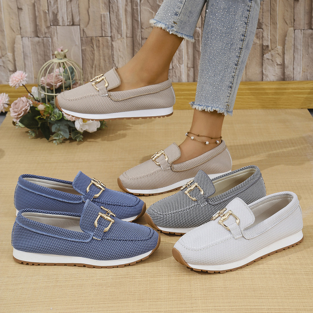 Damen  elegante Slipper Loafer mit gepolsterter Innensohle und dekorativer Metallapplikation EB