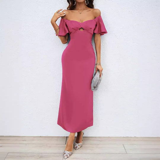 Damen Maxikleid mit schulterfreiem Design und eleganten Rüschendetails EB