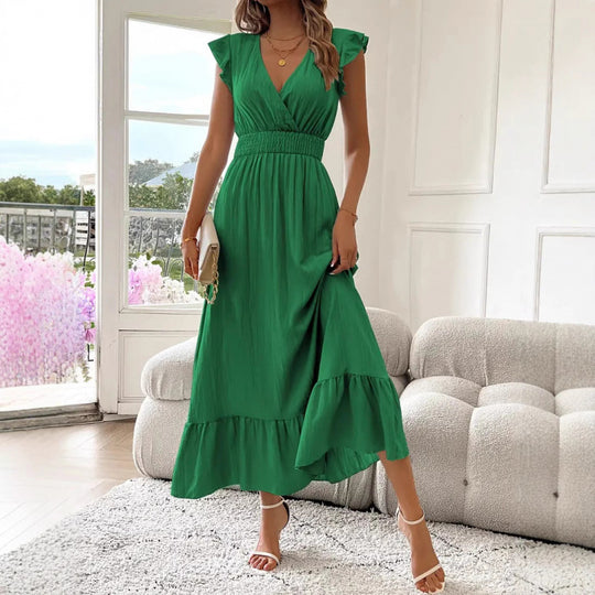Damen Maxikleid mit voluminösen Rüschenärmel und elegantem Bund EB