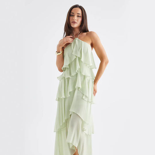 Damen Luftiges Chiffon-Maxikleid mit Rüschendetails und elegantem Halterneck EB