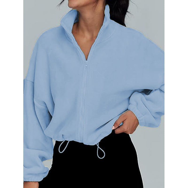 Damen trendy Oversize-Zip-Pullover mit hohem Kragen und Kordelzug EB