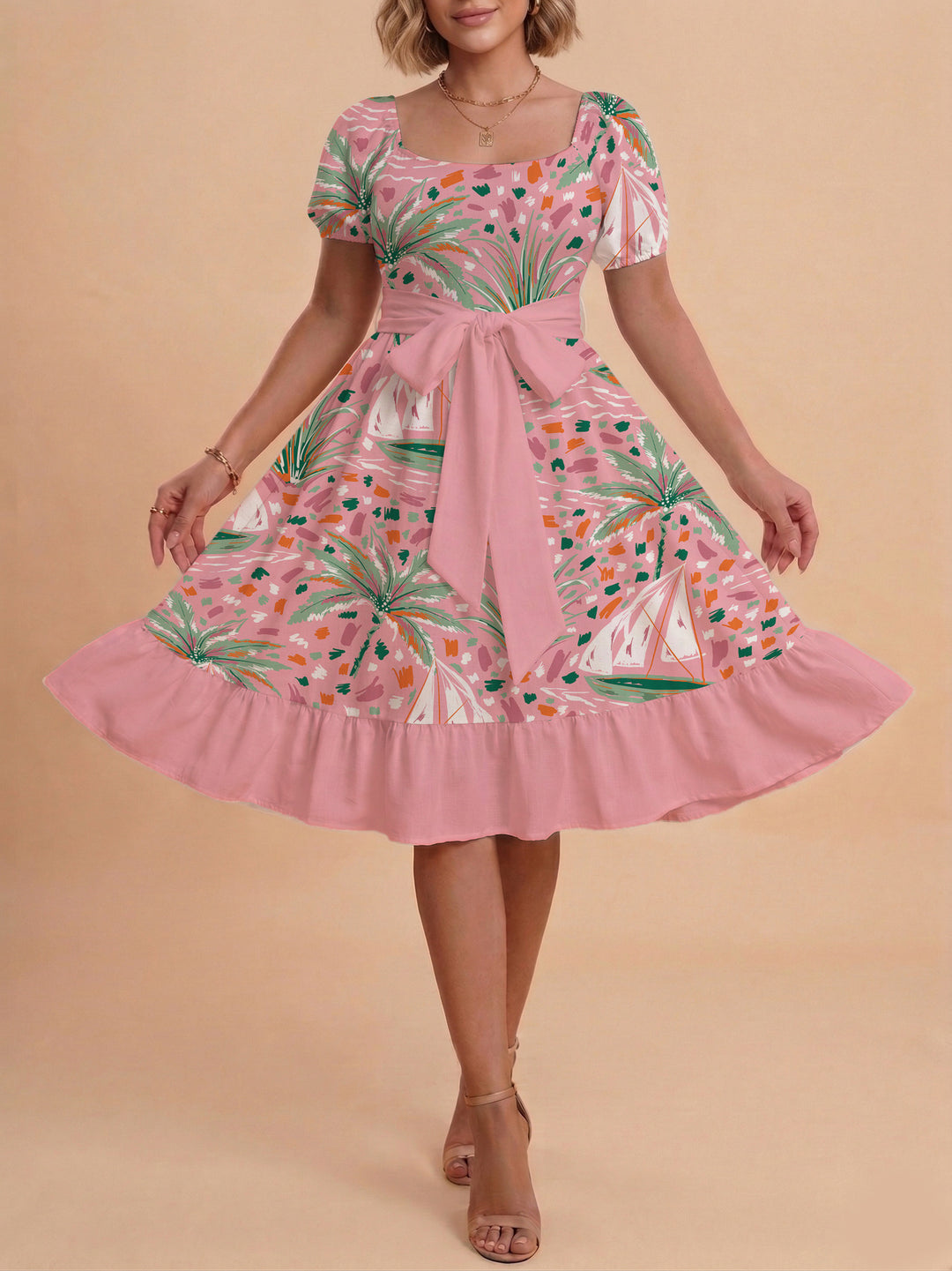 Damen Sommerliches Blumenkleid mit taillierbarem Gürtel und voluminösen Ärmeln EB
