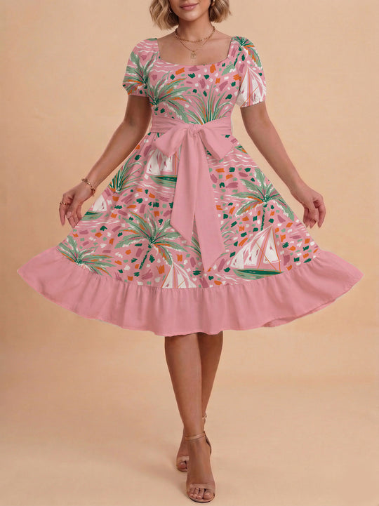 Damen Sommerliches Blumenkleid mit taillierbarem Gürtel und voluminösen Ärmeln EB