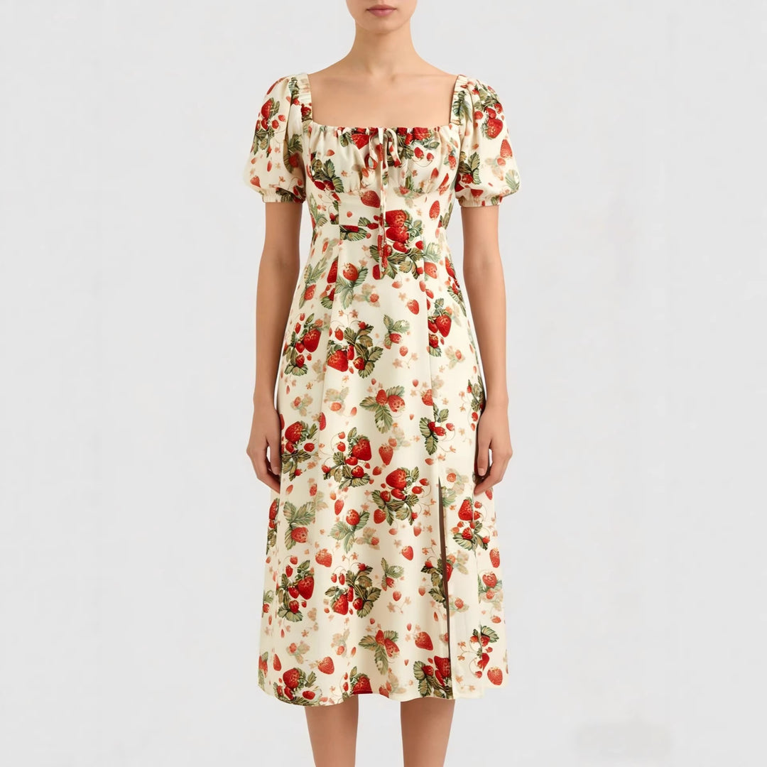 Damen Maxikleid mit pflanzlichem Muster und raffiniertem Schlitz EB