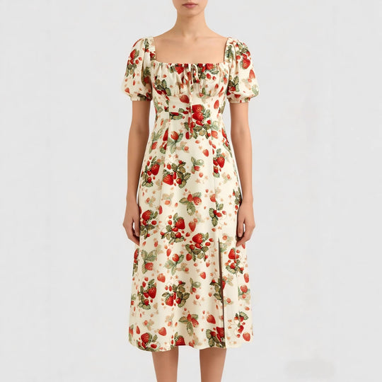 Damen Maxikleid mit pflanzlichem Muster und raffiniertem Schlitz EB
