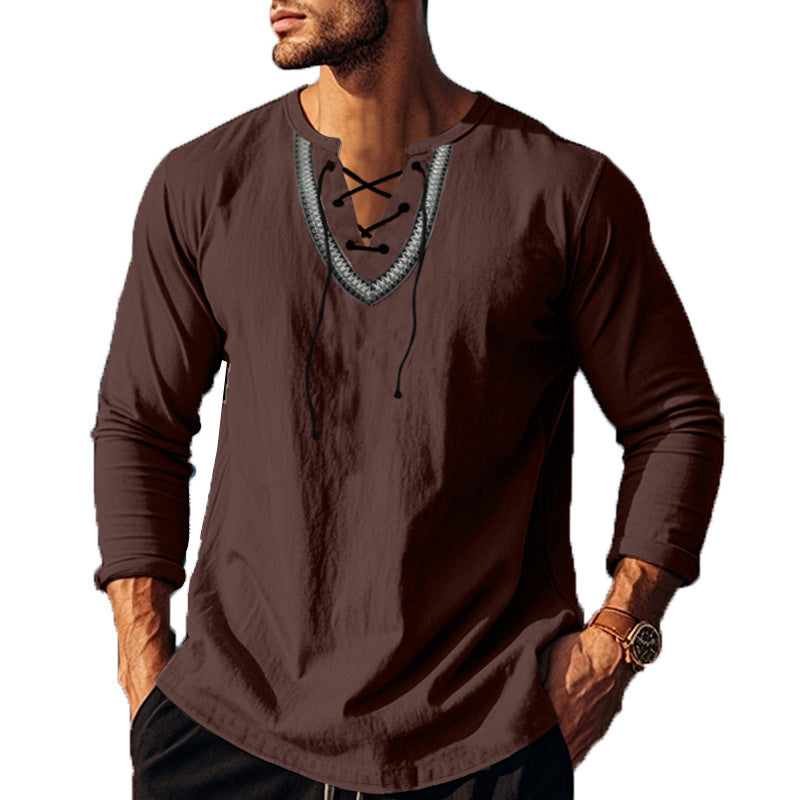 Herren Langarm-Henley-Shirt mit dekorativer Schnürung und lässigem Schnitt EB