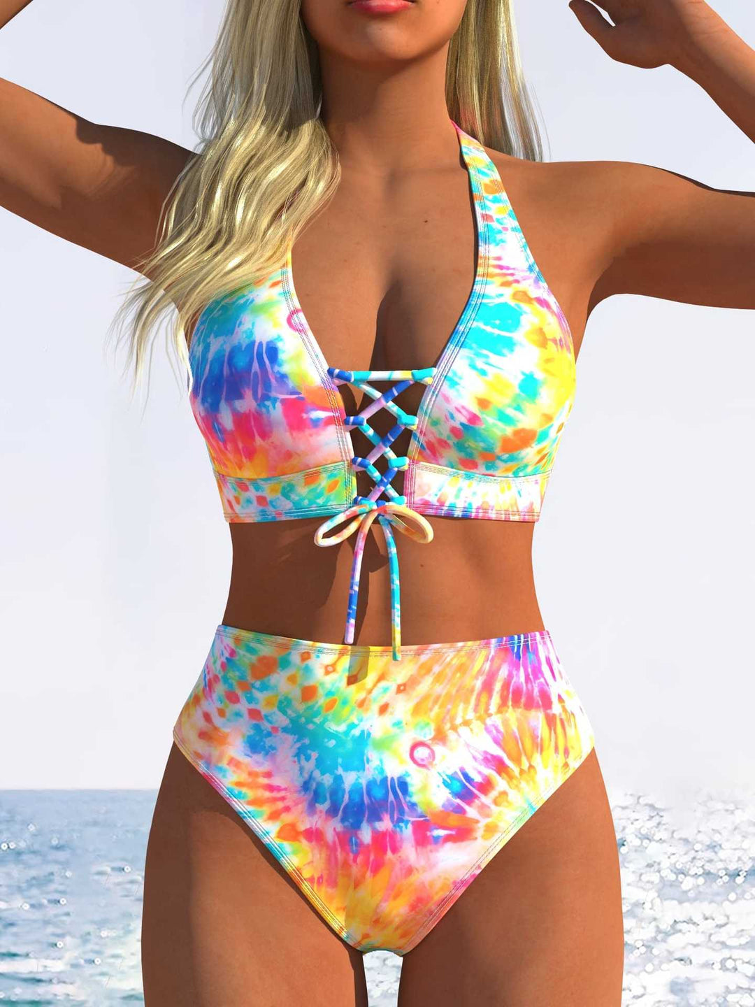 Damen Bikini-Set mit hoch tailliertem Schnitt und verspieltem Schnürdetail EB