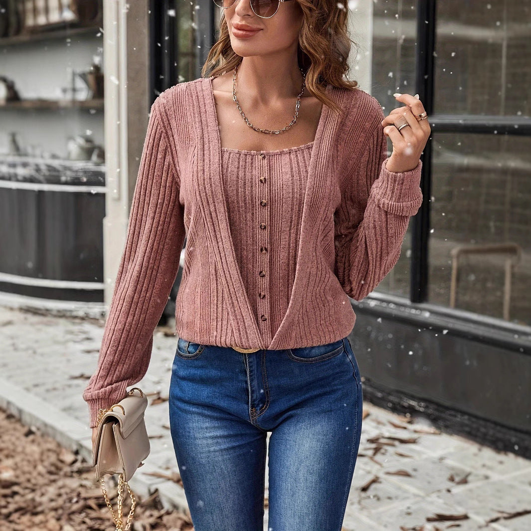 Damen Strickjacke mit tiefem V-Ausschnitt und praktischem Knopfdetail EB