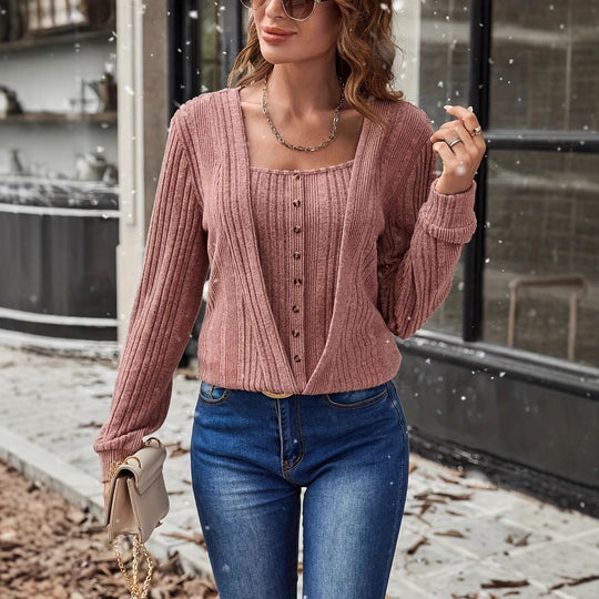 Damen Strickjacke mit tiefem V-Ausschnitt und praktischem Knopfdetail EB