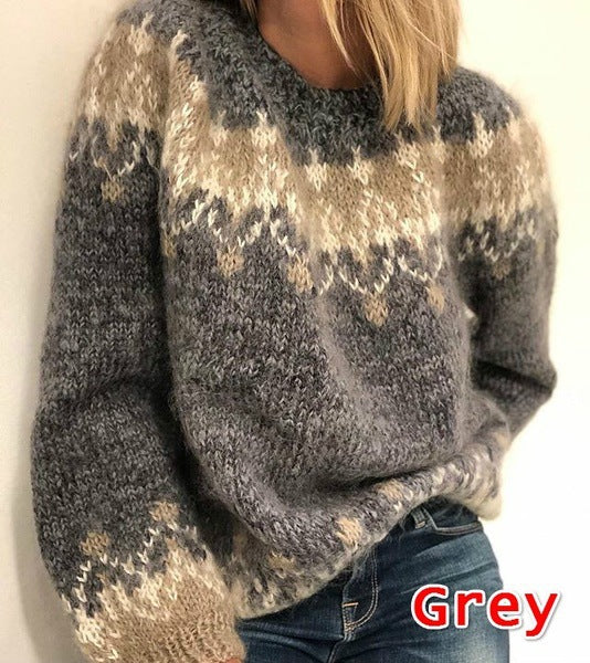 Damen gemütlicher Strickpullover mit modernem Muster und voluminösen Ärmeln EB
