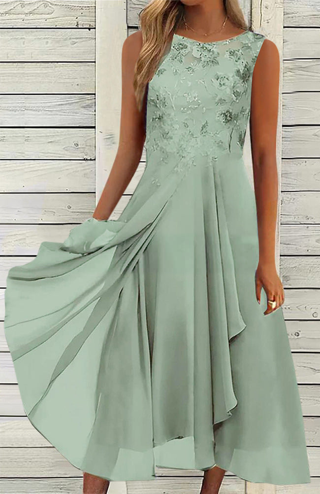 Damen nan ärmelloses Chiffon-Midikleid mit bestickter Brustpartie und asymmetrischem Lagenrock EB