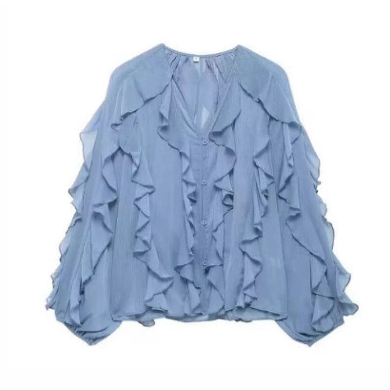 Damen nan feminine Chiffon-Volantbluse mit Ballonärmeln und V-Ausschnitt EB