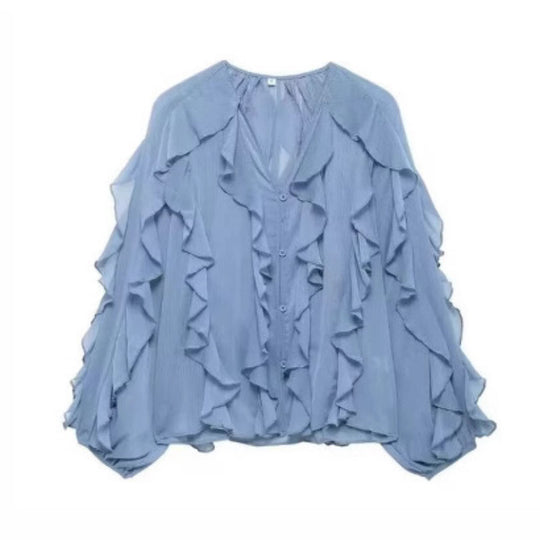 Damen nan feminine Chiffon-Volantbluse mit Ballonärmeln und V-Ausschnitt EB