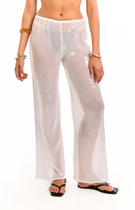 Damen Elegante Pailletten-Hose mit transparentem Chiffon und weitem Schnitt EB