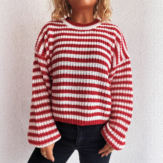 Damen lässiger Strickpullover mit breiten Streifen EB