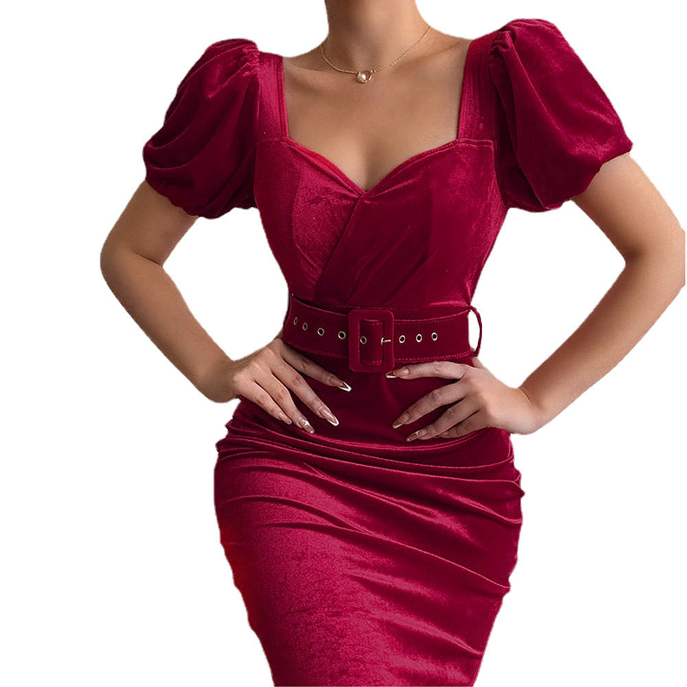 Damen Figurbetontes Kleid mit Puffärmeln und Gürtel EB