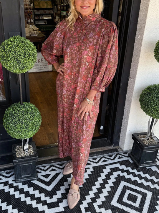 Damen Elegantes Maxikleid mit Stehkragen und weiten Ärmeln EB