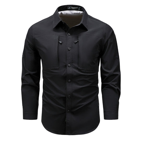Men's  technical long-sleeve outdoor utility shirt with roll-tab sleeves concealed chest pockets and breathable mesh back EB