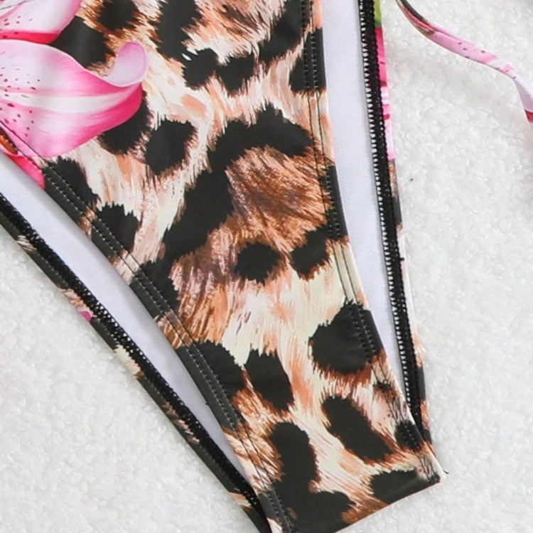 Damen Bikini-Set mit elegantem Leopardenmuster und verspielten Blumendetails EB