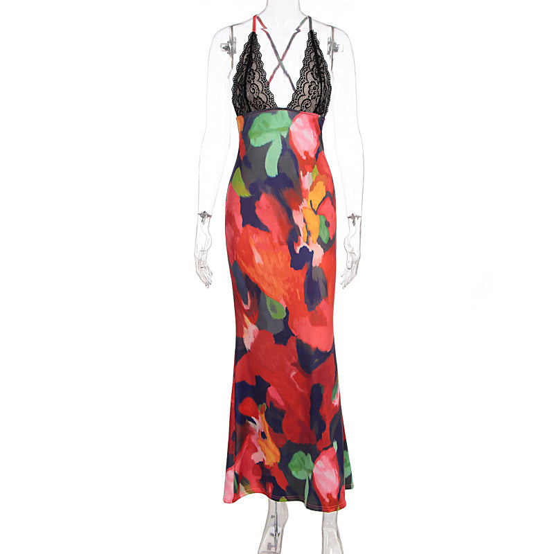 Damen figurbetontes Maxikleid mit floralem Muster und Spitze EB
