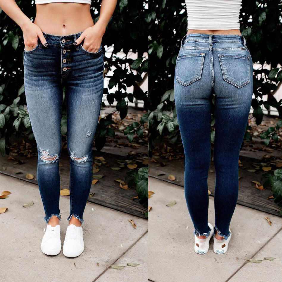 Damen Skinny Jeans mit hoher Taille und Destroyed-Details EB