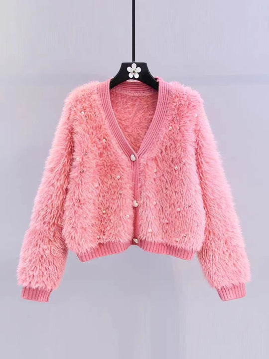 Damen Flauschiger Kurz-Cardigan mit dezenten Knopfdetails EB