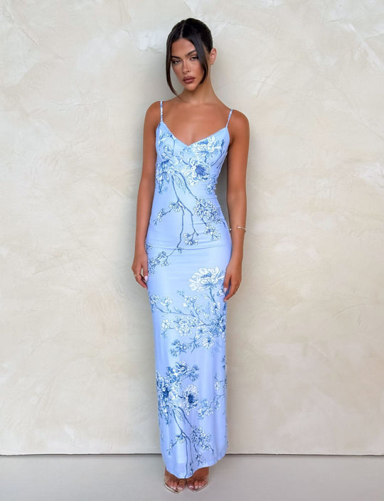 Damen nan eng anliegendes Jersey-Slipkleid mit V-Ausschnitt, Spaghettiträgern und Blumen-Leo-Print EB