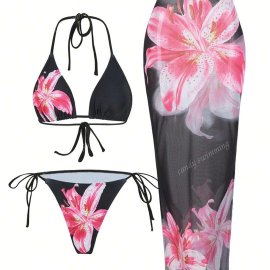 Damen Triangel-Bikini-Set mit floralen Mustern und transparentem Maxirock EB