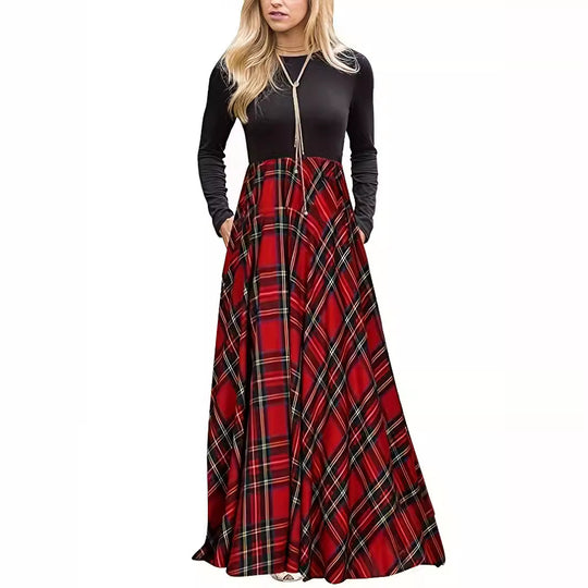 Damen Maxikleid mit modernem Karomuster und langen Ärmeln EB