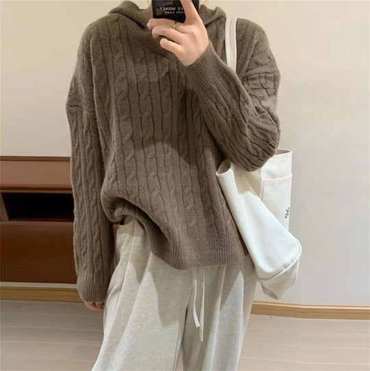 Damen Kuscheliger Strickpullover mit Kapuze und Kabelmuster EB