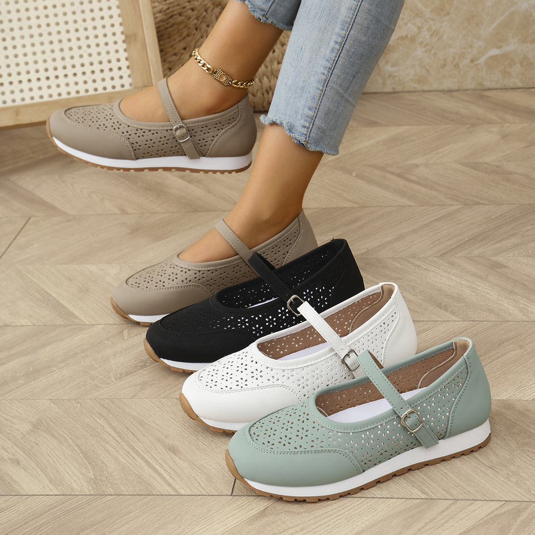 Damen bequeme und atmungsaktive Ballerinas mit Riemen und perforiertem Design EB
