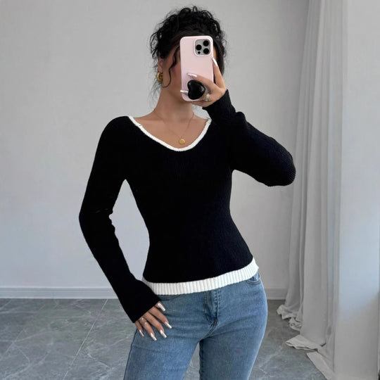 Damen modischer Pullover mit kontrastierendem Saum und tiefem V-Ausschnitt EB