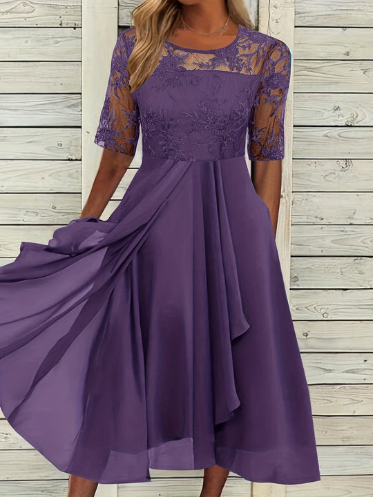 Damen Elegantes Midikleid mit Spitzenärmeln und schwingendem Rock EB