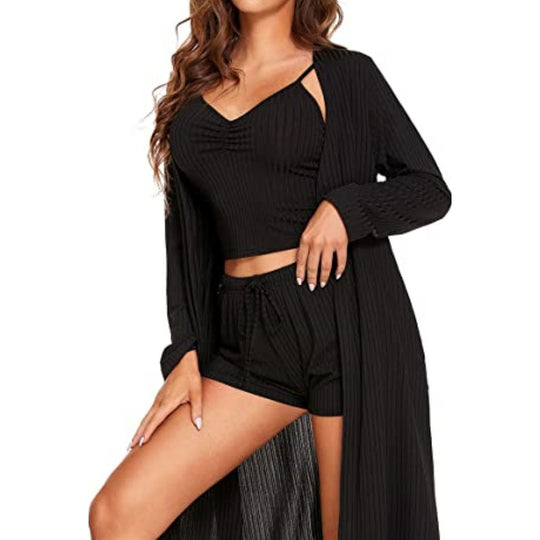 Damen nan dreiteiliges Lounge-Set mit langem Kimono, geripptem Spaghettiträger-Croptop und elastischen Kordel-Shorts EB