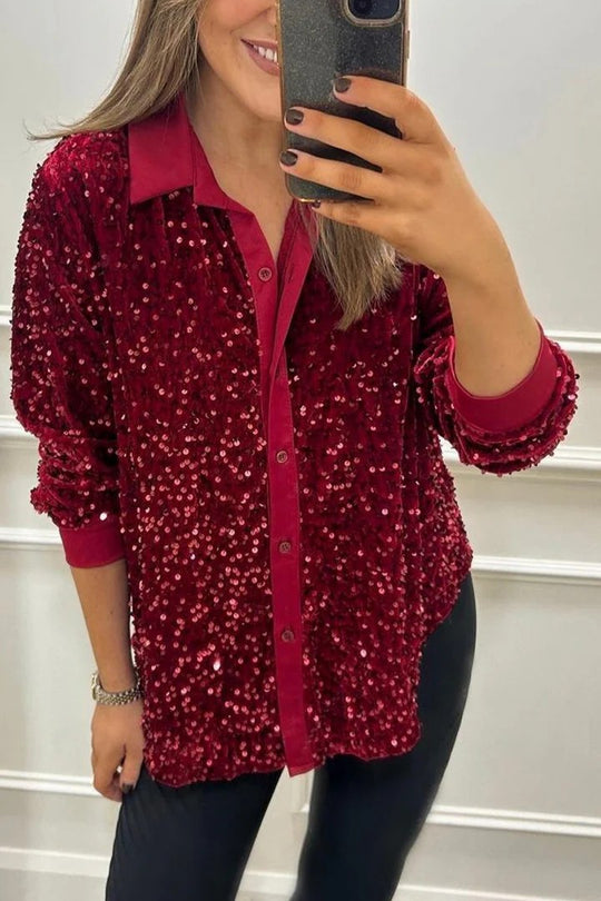 Damen Glitzernde Bluse aus Pailletten mit klassischem Kragen EB