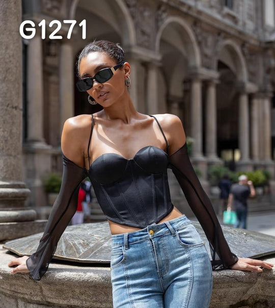 Damen Elegante Corsage-Bluse mit transparenten Ärmeln EB