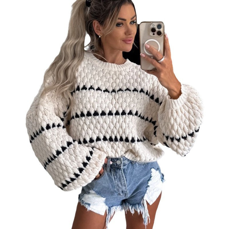Damen Grobstrickpullover mit voluminösen Ärmeln und modernem Zopfdesign EB