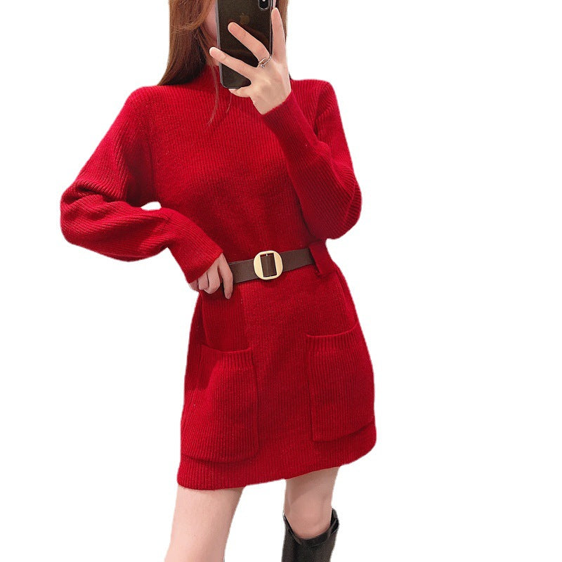 Damen Strickkleid mit hochgeschlossenem Kragen und praktischen Taschen EB